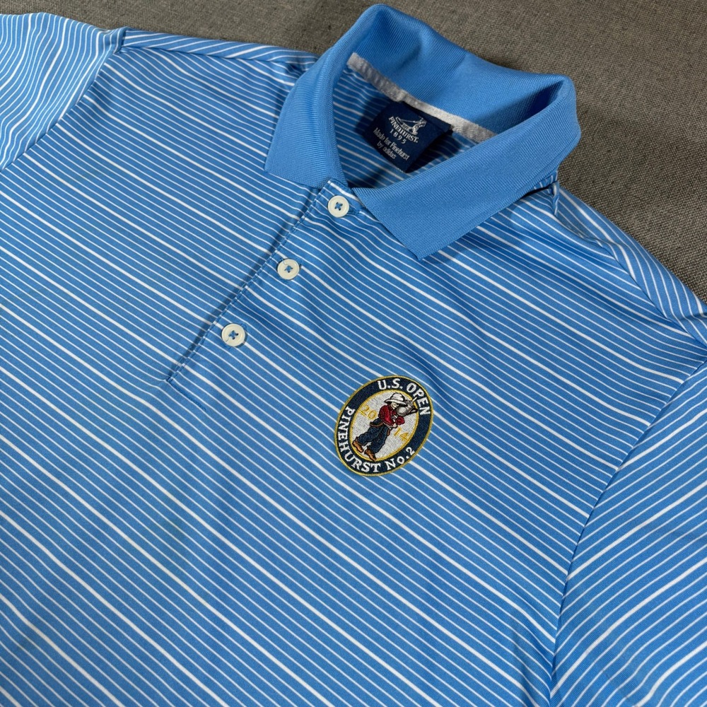 Adidas Polo Shirt‎ Mens L Blue Striped 2014 US Open Pinehurst No. 2 Putter Boy
